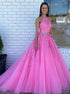 A Line Halter Pink Lace Tulle Prom Dresses Sweep Train LBQ2128