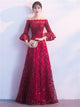 Burgundy Off The Shoulder Sequins Tulle Prom Dresses