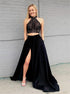 A Line Hater Two Piece Black Appliques Satin Prom Dress LBQ2795