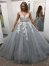 A Line V Neck Sweep Train With Appliques Tulle Open Back Prom Dresses LBQ2147