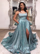 A Line Glitter Blue Spaghetti Straps Satin Prom Dresses