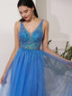 Blue V Neck Tulle Prom Dresses with Beadings