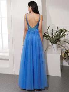 Open Back Sleeveless V Neck Prom Dresses 