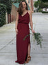 A Line V Neck Spaghetti Straps Burgundy Prom Dresses with Slit LBQ1937