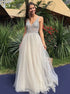 A Line V Neck Sleeveless Tulle Floor Length Prom Dresses With Beadings LBQ2148