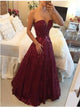 A Line V Neck Burgundy Open Back Sequins Prom Dresses