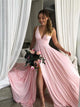 Pink V Neck Chiffon Pleats Prom Dresses with Slit