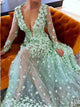 Green V Neck Sweep Train Prom Dresses