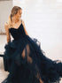 A Line Spaghetti Straps V Neck Dark Navy Blue Tulle Prom Dresses LBQ2181