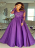 A Line V Neck Long Sleeves Purple Satin Split Prom Dress with Appliques LBQ3095