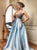 A Line V Neck Appliques Satin Prom Dresses with Pockets