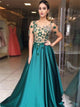 A Line Stars Satin Green V Back Prom Dresses