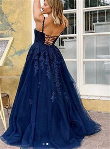 A Line Lace Up Sweep Train Prom Dresses