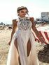 A Line White Halter Applique Prom Dress with High Slit LBQ2453