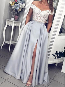 A Line Off Shoulder Grey Side Slit Appliques Satin Prom Dresses 