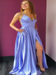 A Line Spaghetti Straps V Neck Satin Blue Prom Dresses