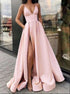 A Line Spaghetti Straps V Neck Satin Pocket Prom Dress with Split LBQ2905