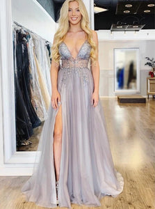 Light Lilac Tulle Beading Illusion V Neck Sexy Prom Dresses