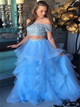 A Line Two Piece Off the Shoulder Blue Tulle Sequins Ruffles Prom Dresses 