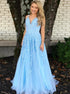 A Line Blue Tulle V Neck Lace Applique Prom Dress LBQ2454