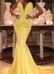 Sweep Train Mermaid Yellow Satin Backless Prom Dresses