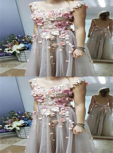 A Line Scoop Floral Applique Tulle Prom Dresses Floor Length