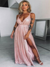 A Line Spaghetti Straps V Neck Rose Gold Satin Prom Dress with Slit LBQ2965