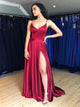 A Line Satin Spaghetti Straps Lace Up Prom Dresses