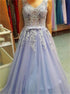 A Line V Neck Tulle Appliques Open Back Prom Dress LBQ2780