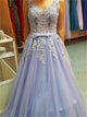 A Line V Neck Tulle Appliques Open Back Prom Dresses