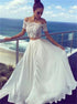 A Line Off Shoulder White Lace Top Short Sleeves Satin Prom Dress LBQ3277