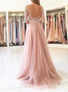 A Line Open Back Sweep Train Prom Dresses