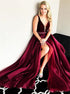 A Line V Neck Burgundy Chiffon Prom Dress with Slit LBQ2781