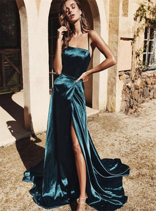 Straps Dark Green Satin Sweep Train Prom Dresses with Slit