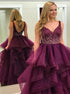 A Line V Neck Ruffles Appliques Tulle Prom Dress LBQ2879