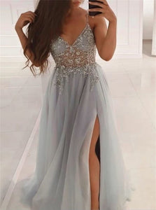 V Neck Straps Grey Slit A Line Beaded Tulle Prom Dresses