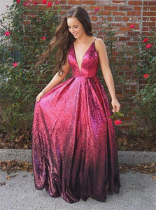 A Line V Neck Spaghetti Straps Sequined Red Prom Dresses