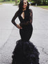 Black Mermaid Open Back Long Sleeves Appliques Prom Dress LBQ2949