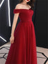 Off Shoulder A Line Pleated Burgundy Organza Prom Dress LBQ3199