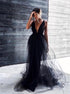 A Line Black V Neck Tulle Prom Dress LBQ1052