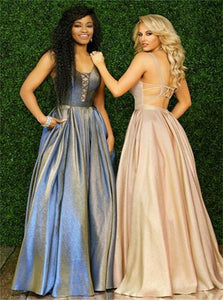 A Line V Neck Criss Cross Pockets Blue Prom Dresses 