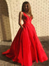 V Neck Satin Red Sweep Train Prom Dress With Pocket LBQ0830