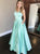 Square Neck A Line Mint Green Satin Prom Dress With Beaded Pockets