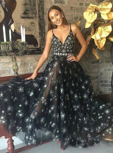 A Line Black V Neck Appliques Tulle Zipper Up Prom Dresses