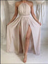 A Line Halter Sleeveless Split Floor Length Chiffon Champagne Prom Dress LBQ2970