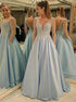 A Line Long Sleeves V Neck Satin Pockets Prom Dress LBQ2873