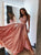 A Line Pink V Neck Satin Prom Dresses with Slit 