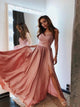 A Line Pink V Neck Satin Prom Dresses with Slit 