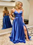 A Line V Neck Spaghetti Straps Satin Lace Up Pockets Prom Dress with Slit LBQ2357