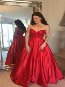 Sweetheart A Line Satin Prom Dresses with Beadings